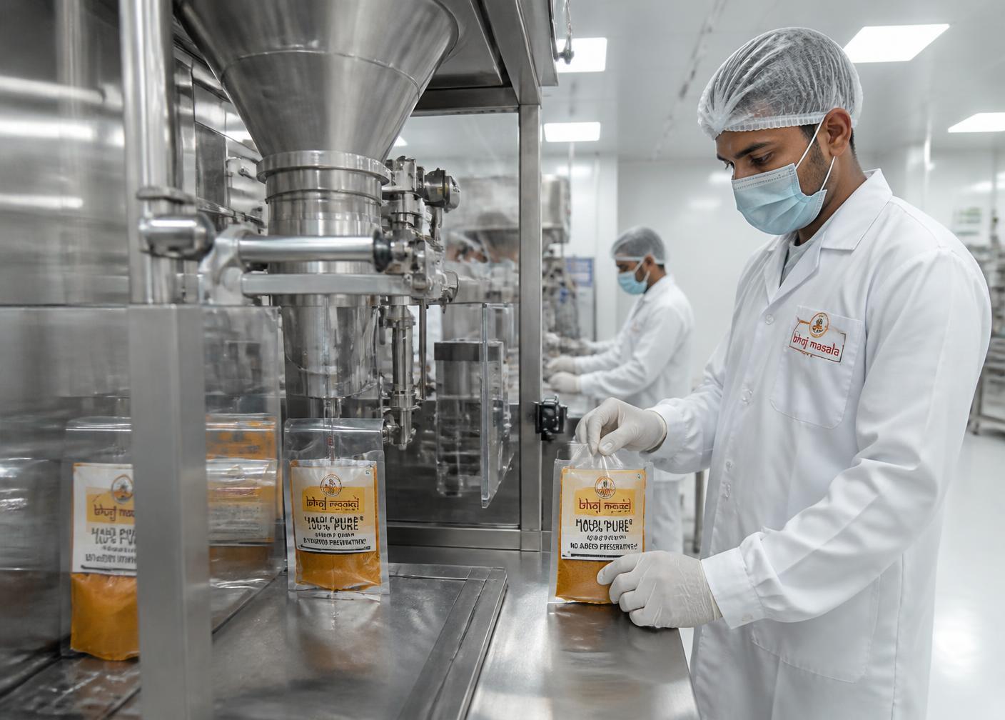 Hygienic spice grinding and packing line at the Aahar Amrit facility