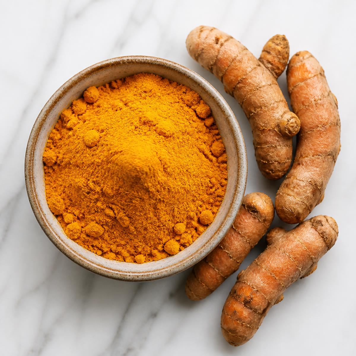 Golden turmeric powder in a bowl with turmeric fingers